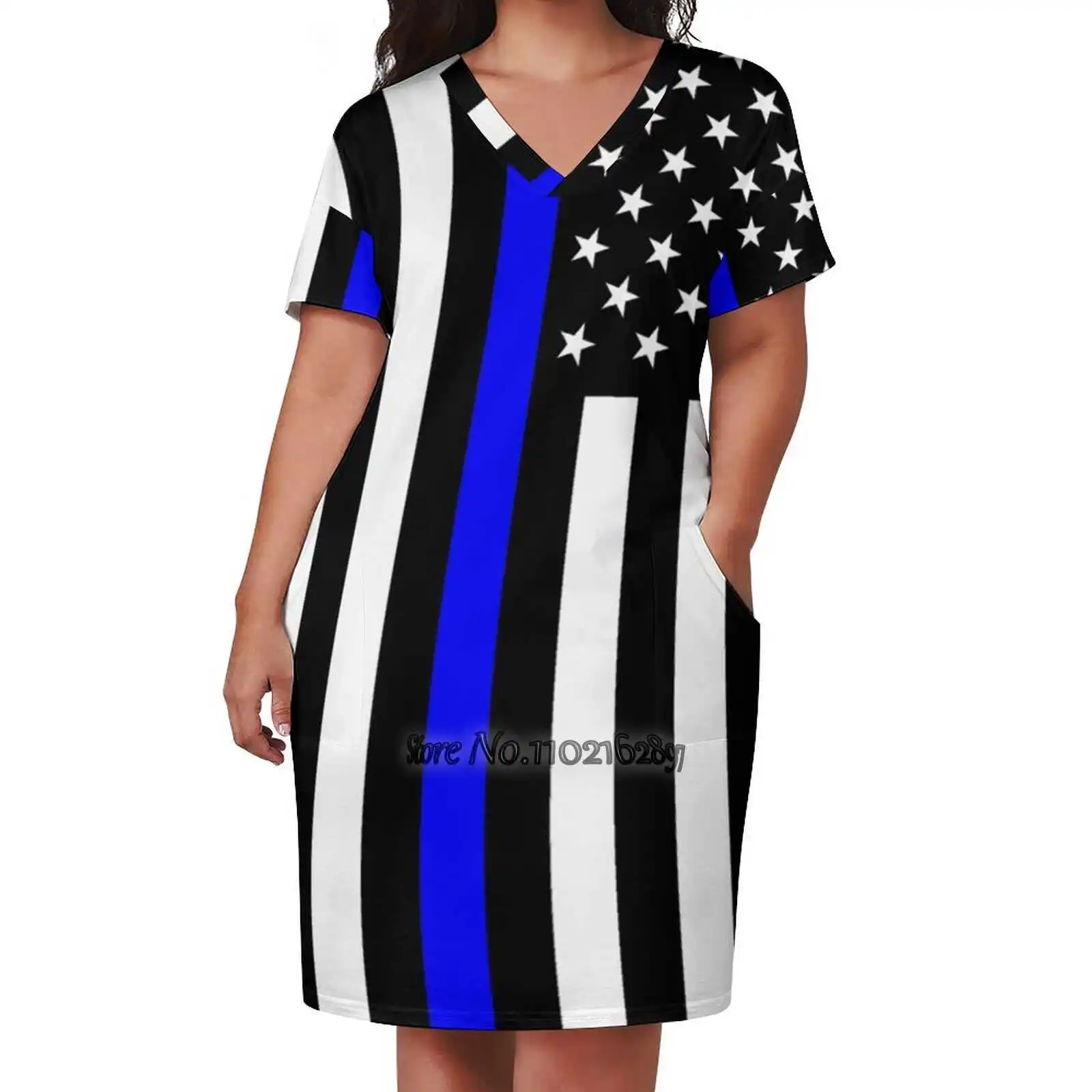 

Police : Black Flag & Blue Line Design Print Dress Short Sleeve V-Neck Fashion Skirt Thin Short Sleeve Skirts Black Blue Career