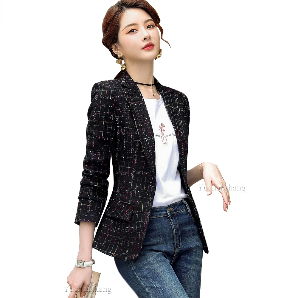 Women Fashion Casual Single Button Blazers Coat Vintage Slim Long Sleeve Female Outerwear S-4XL Chic Black Apricot Plaid Tops