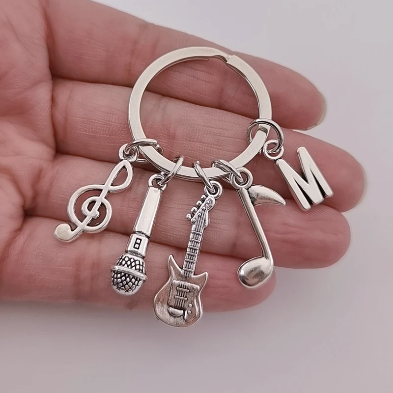 Microphone Keyring, Music Keychain Gift, Initial Charm, Name Keyring
