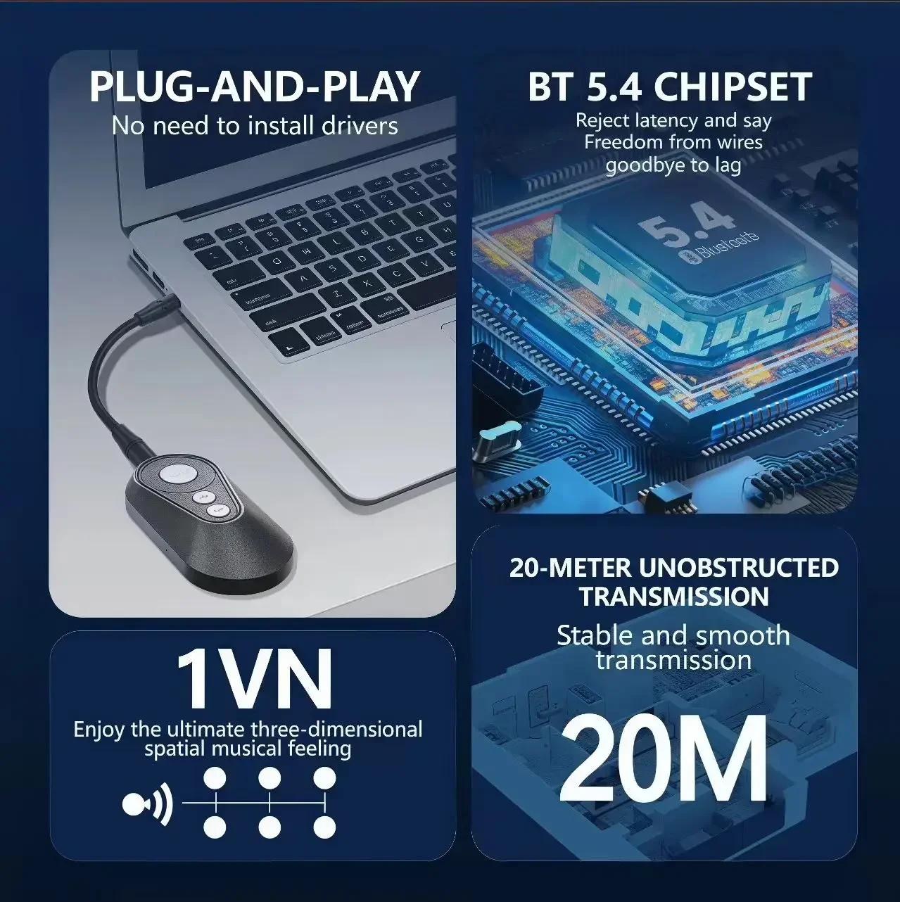Bluetooth 5.4 one launch multi-accept boot second connection ultra-low latency 20 millisecond audio adapter Auracast USB AUX