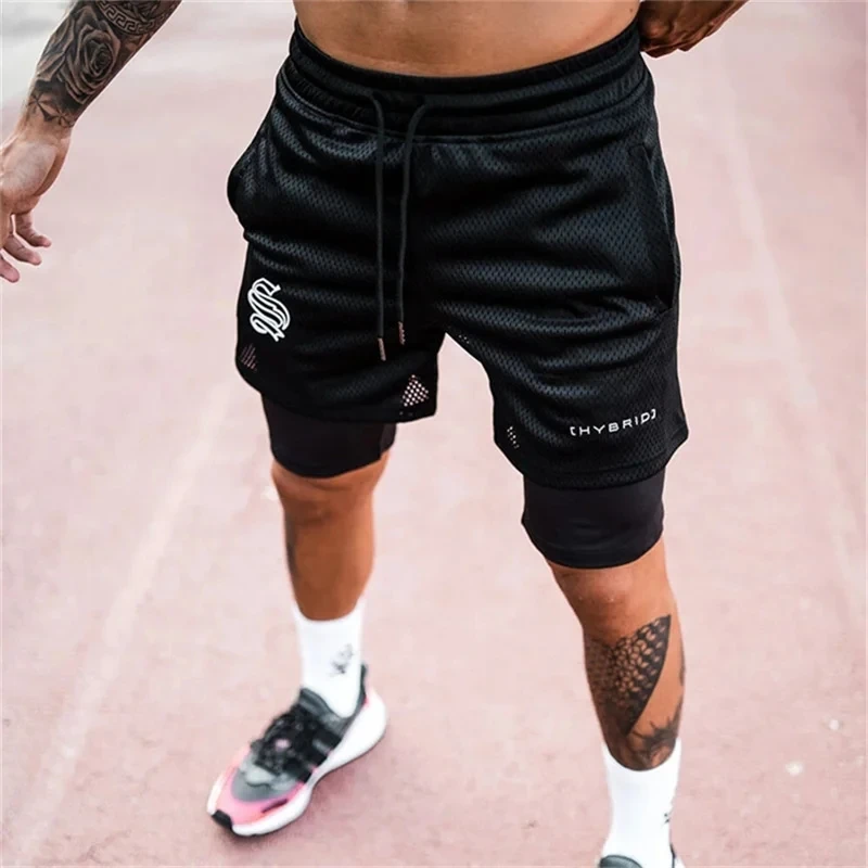 2024 summer mesh Sports Shorts Men Double-deck Jogging Running Shorts Men 2 IN 1 Mens GYM Shorts Fitness Workout Short Pants Man 2