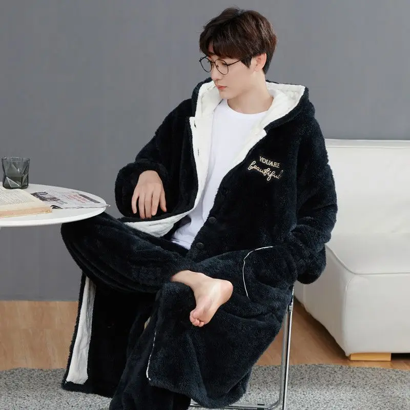 Autumn Winter Men's Coral Velvet Pajamas Long Hooded Nightgown Pants Thickened Warm Home Clothing Set Oversized Bathrobe