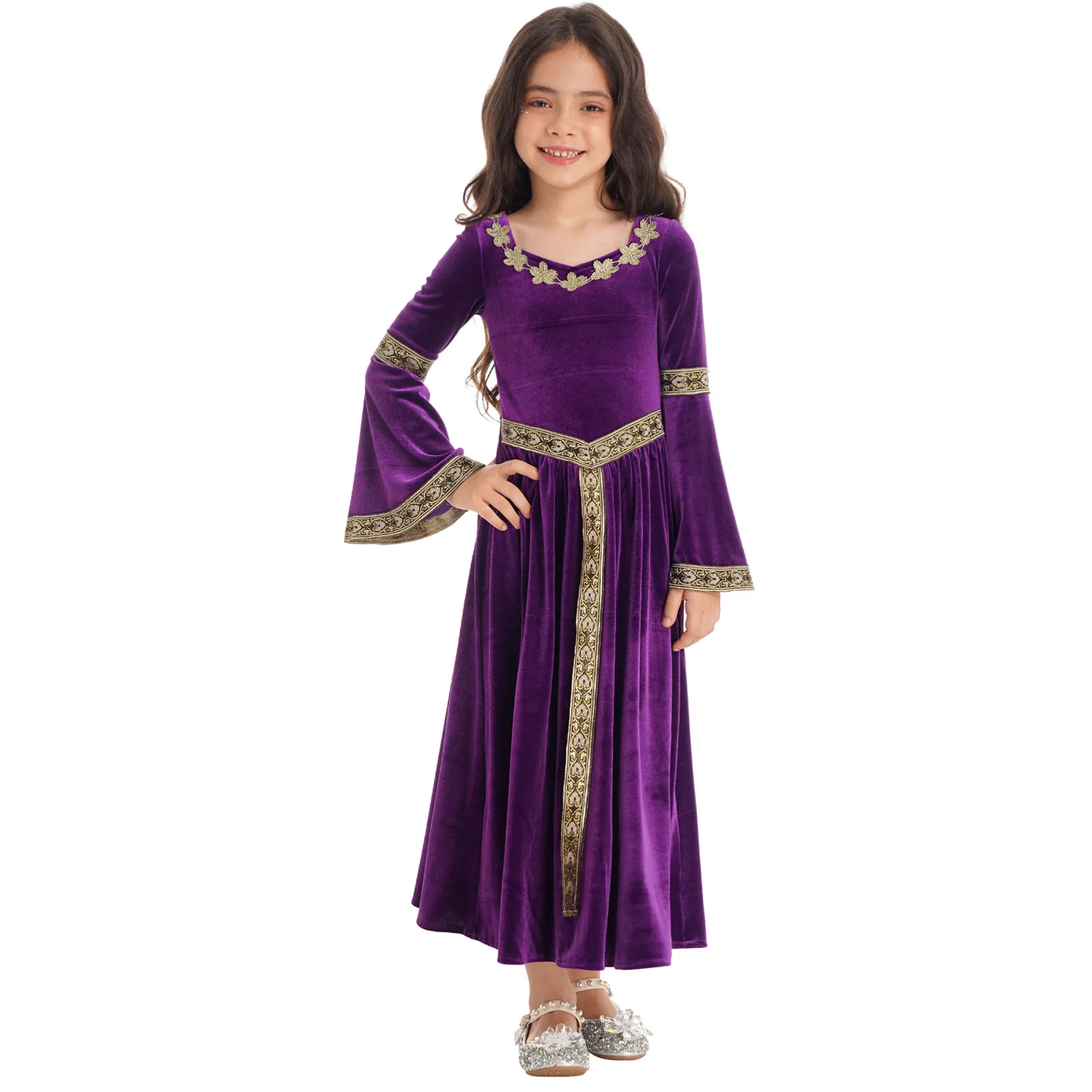Kids Girls Medieval Princess Queen Velvet Dresses Performance Dancewear for Christmas Halloween Carnival Party Dress Up Costume