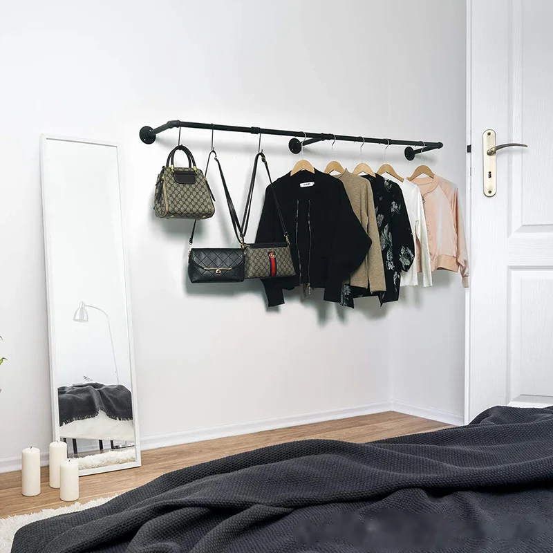 

Industrial style clothing display rack wall mounted and side hung display rack