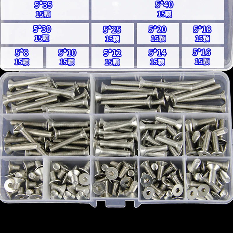 260Pcs/set M3 M4 M5 304 Stainless Steel Flat and Hexagon Socket Head Cap Screws Hex Socket Bicycle Bolts Kit