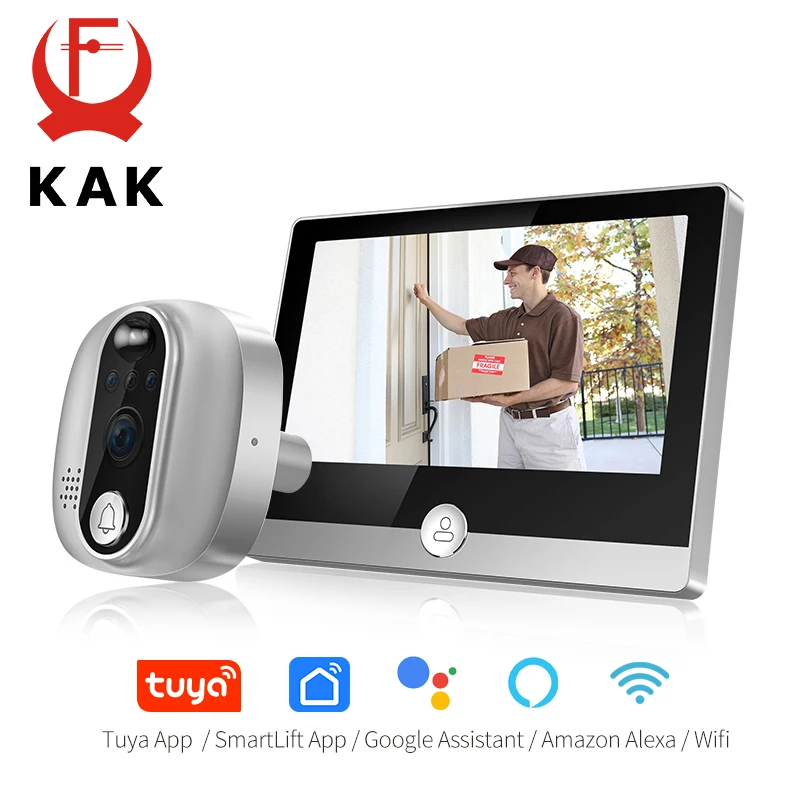 Kak-smart Wifi Door Bell Câmera Vídeo Door Peephole Visualizador de Portas 170 Graus Detecção de Movimento Tuya App Alexa Google Assistant 43 Polegadas