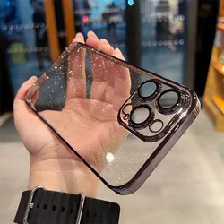 Elegant Transparent Glitter Plating Luxury Phone Case - Hard PC Shockproof Thin Cover - iPhone 14 (Black)