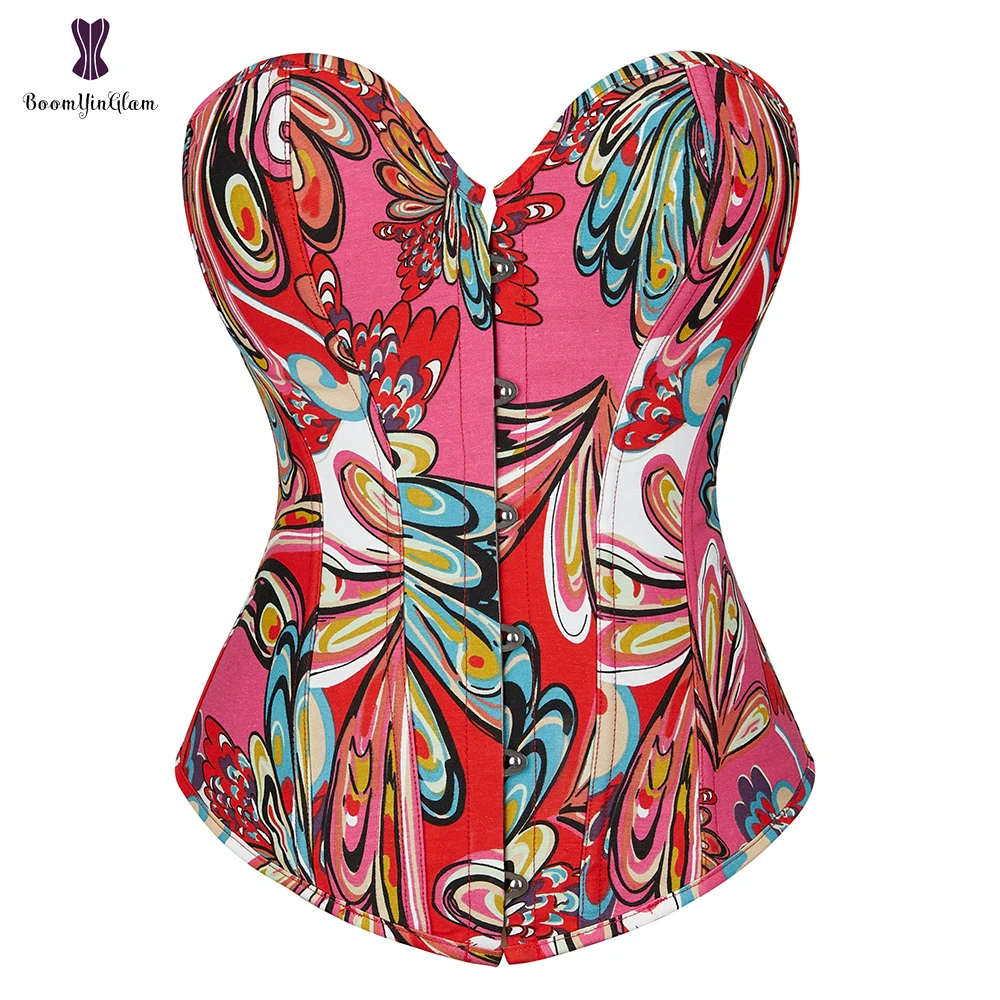 

6 Brooches Closure Red Green Vintage Korsett Chest Binder Bustier Butterfly Print Overbust Corset Top For Women