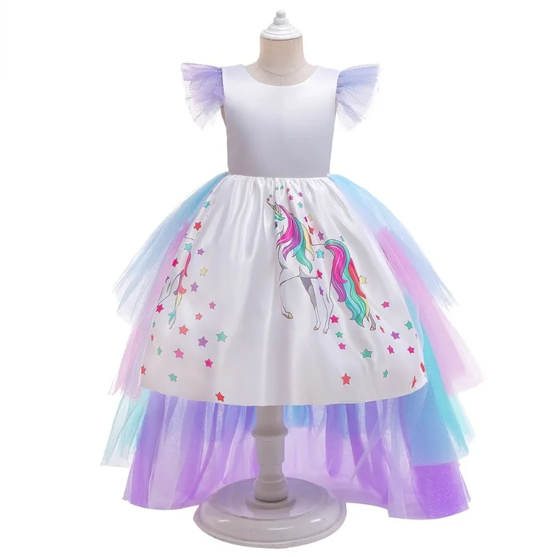 

Role play Dress Girl Rainbow Princess Costume Summer Flying Sleeve Cartoon Print Tulle Frocks Kids Birthday Party Elegant Gown