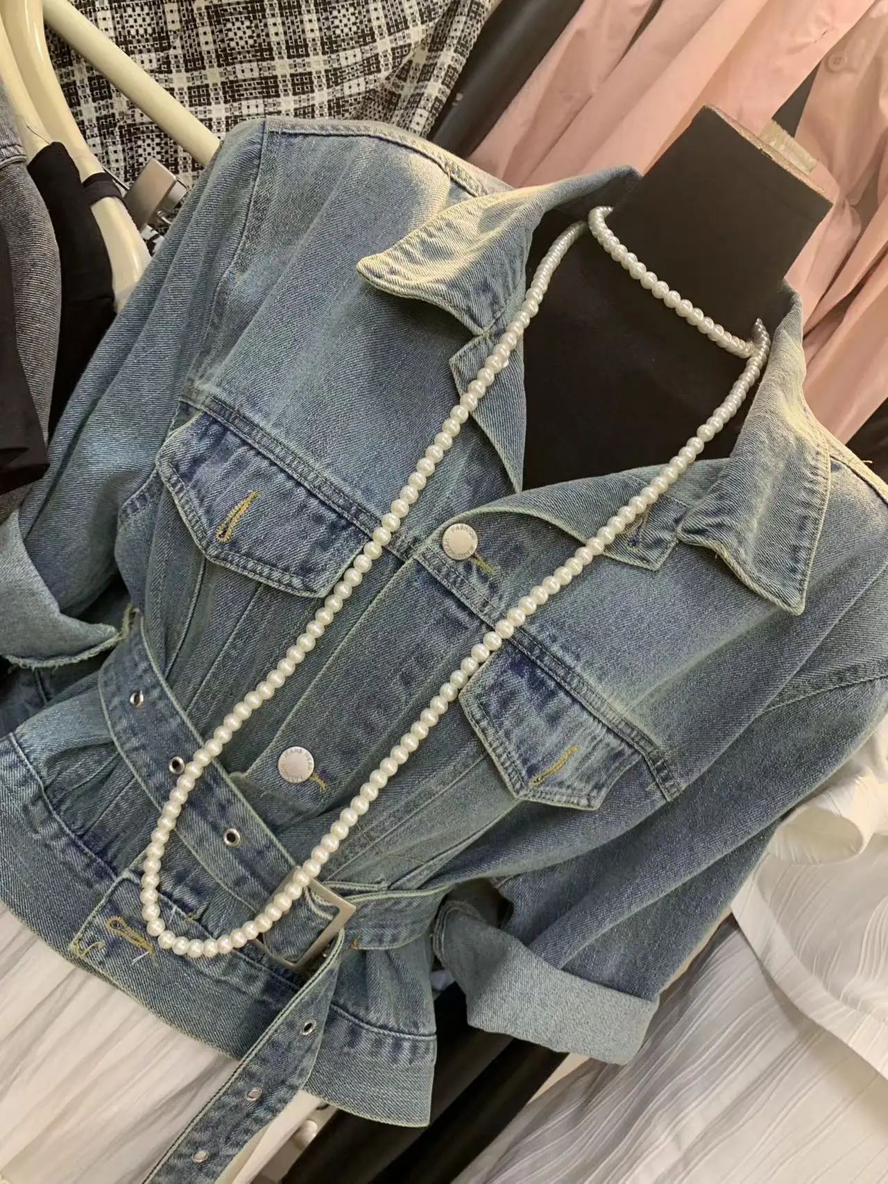 Retro Distressed Short Lace up Short-Sleeved Denim Jacket 2023 Spring/Summer New Polo Collar Short-Sleeved Shirt Coat Women