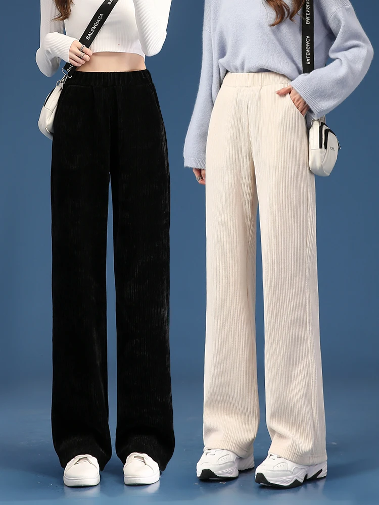 Women Plush Thick Pants Warm Winter Straight Corduroy Trousers Traf High Waist Casual Korean Fashion Female Wide Leg Baggy Pants