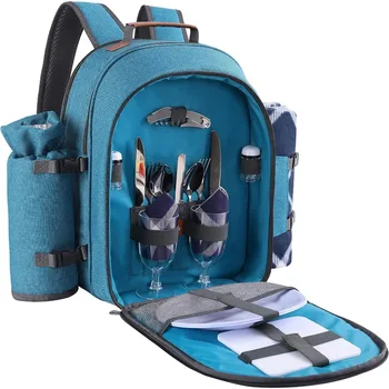 Picnic Backpack Set for 2 Person with Cooler Compartment, Detachable Bottle/Wine Holder, Fleece Blanket, Plates and Cutlery Set 1