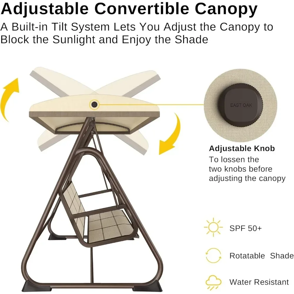 3-Person Outdoor Patio Swing Chair with Adjustable Canopy, Porch Swing with Comfortable and Breathable Seats, Outdoor Swing 4