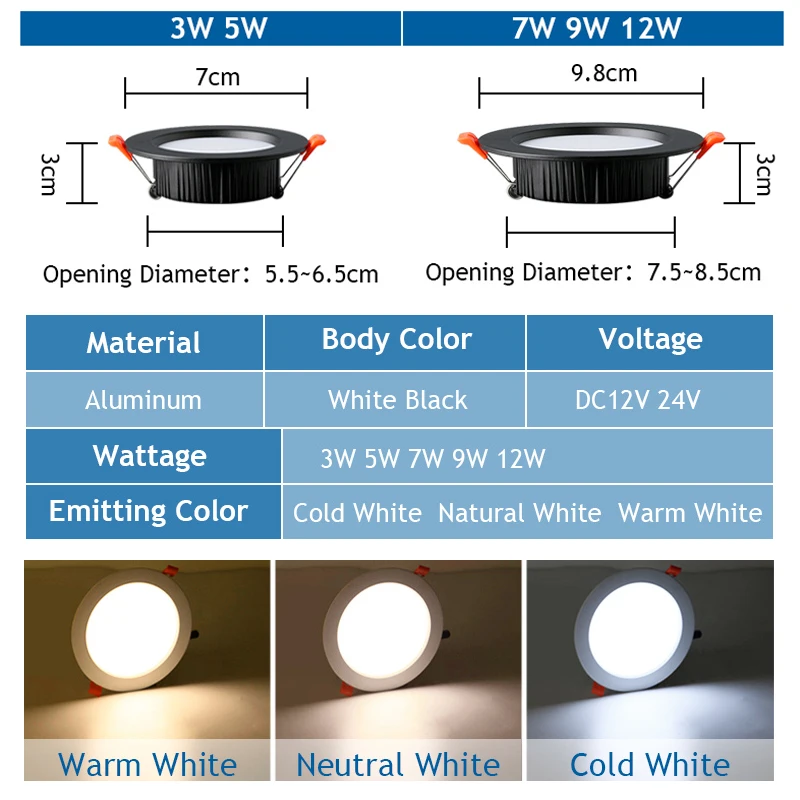 DC 12V LED Downlight Ceiling Light 24V Spotlight 3W 5W 7W 9W 12W Recessed Grille Ultra-thin Safety Voltage Round black white