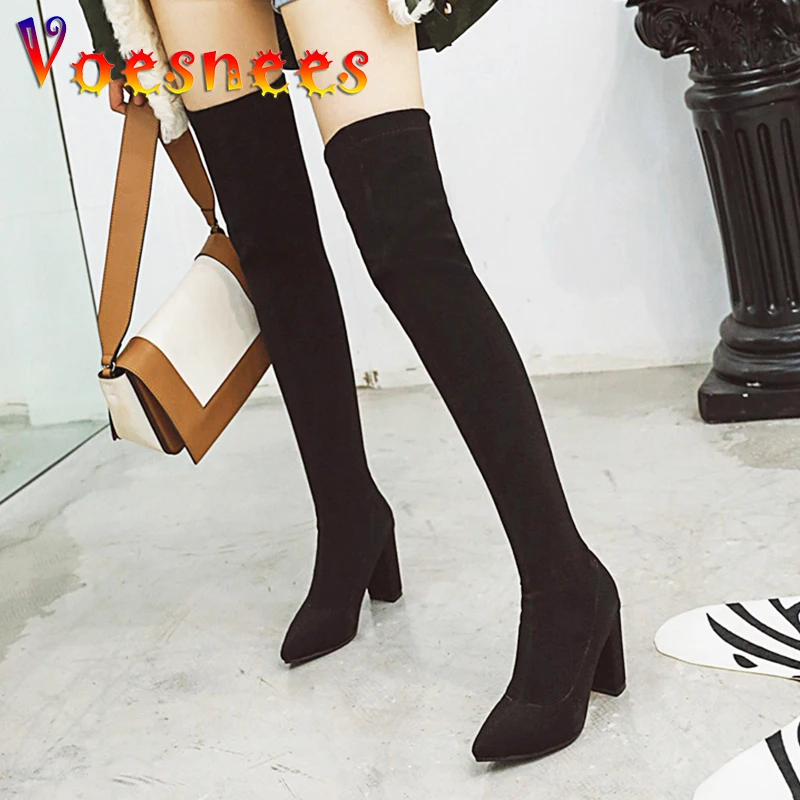 

8.5CM Knitting Elastic Sock Boots Sexy Pointed Toe Over The Knee Women Shoes Plus Size Autumn Winter New Plush Warm High Heels