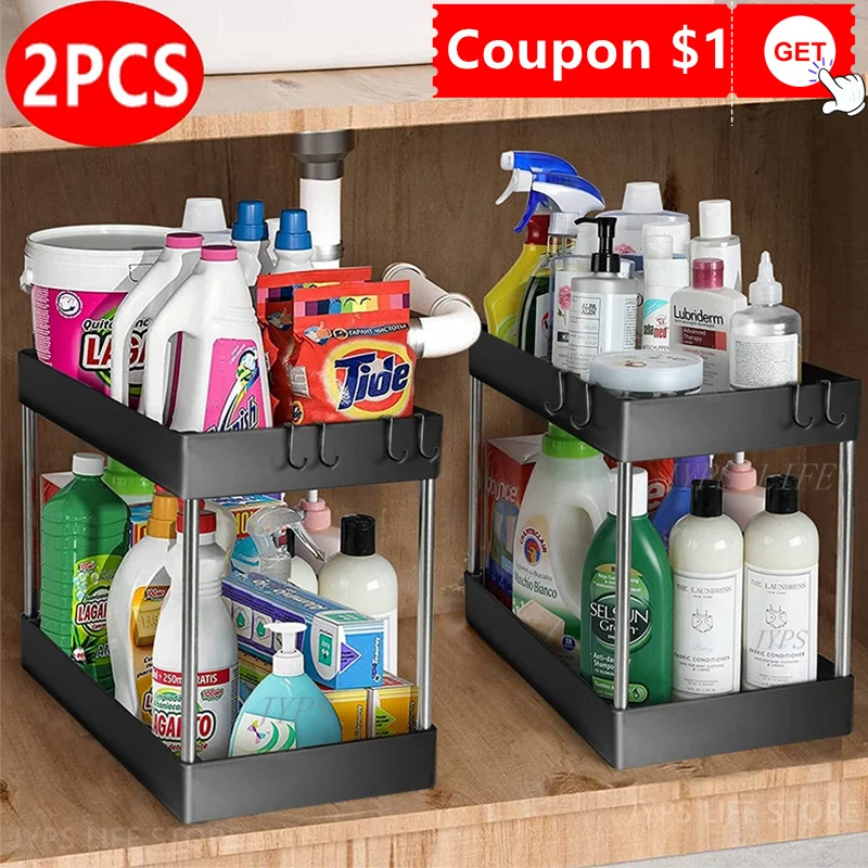 Kitchen Under Sink Organizer Adjustable Height 2-Tier Under Cabinet Storage  Bathroom Organizer Sliding Drawer With Hooks Baskets - AliExpress