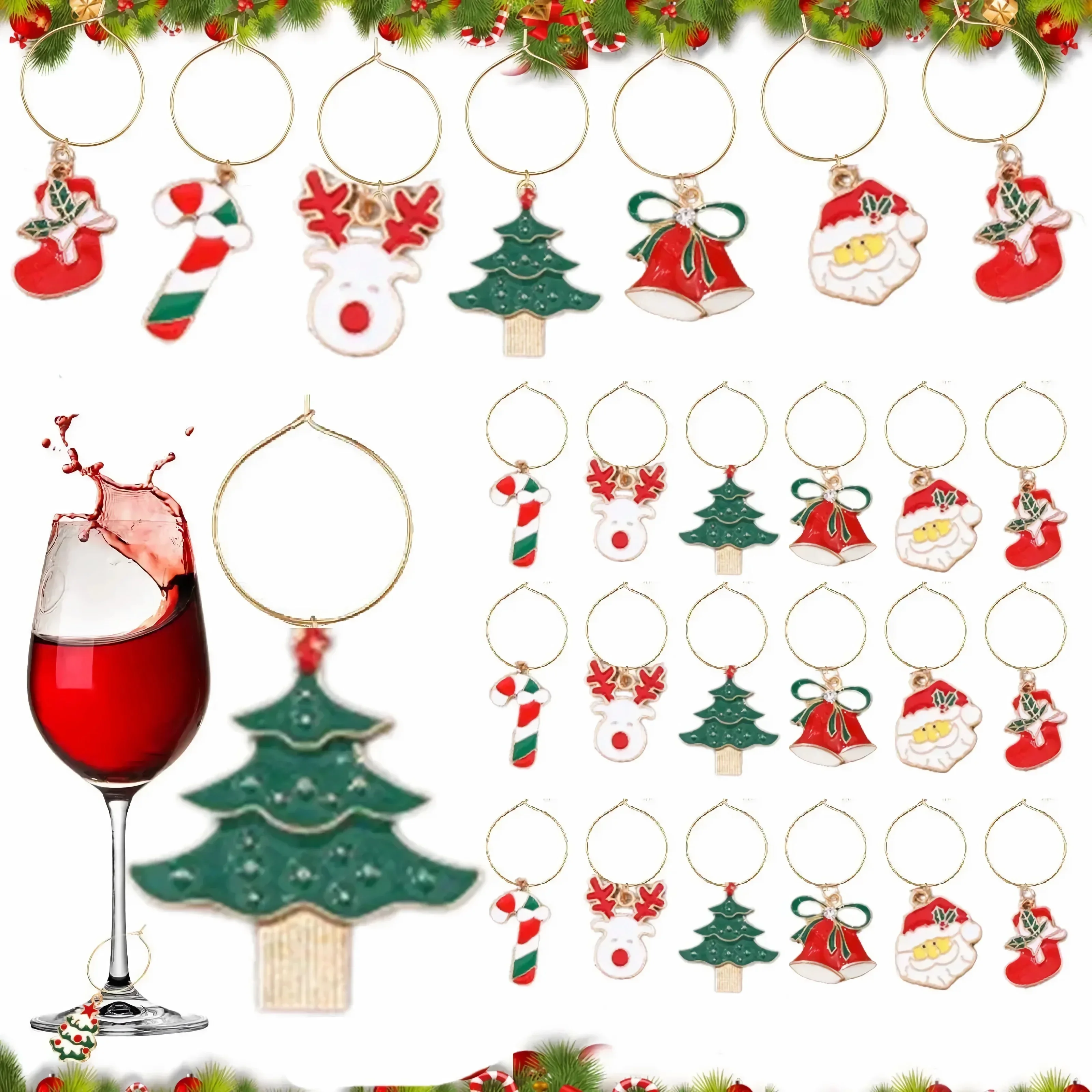 6pcs/set Christmas Wine Glasses Decoration Charm Party New Year's Cup Ring Decoration 2024 Christmas Charms Home Decoration