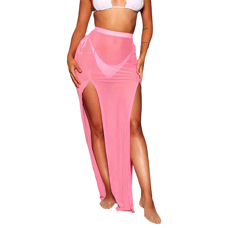 Summer Beach Robe Skirts Women Solid Color Sheer Mesh See Through High Waist Side Split Bodycon Skirt Bathing Bikini Cover-Up bathing suit cover Cover-Ups