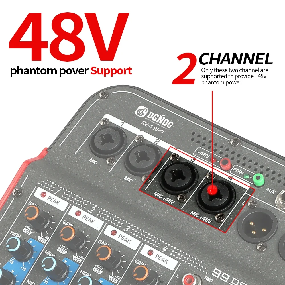 RE-4 PRO 6 Channel Audio Mixer 99 DSP Effects Sound Mixing DJ Console with Bluetooth USB for Party Recording Studio Computer