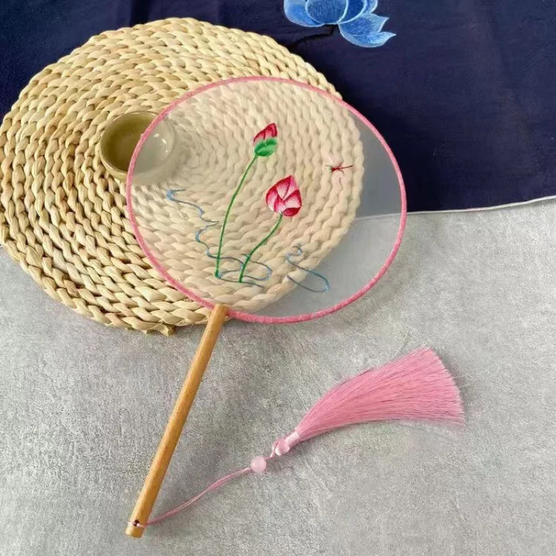 Chinese Style Antique Translucent Handheld Round Circular Fan Vintage Lotus Flower Print Dancing Paddle Hand Fans with Wooden