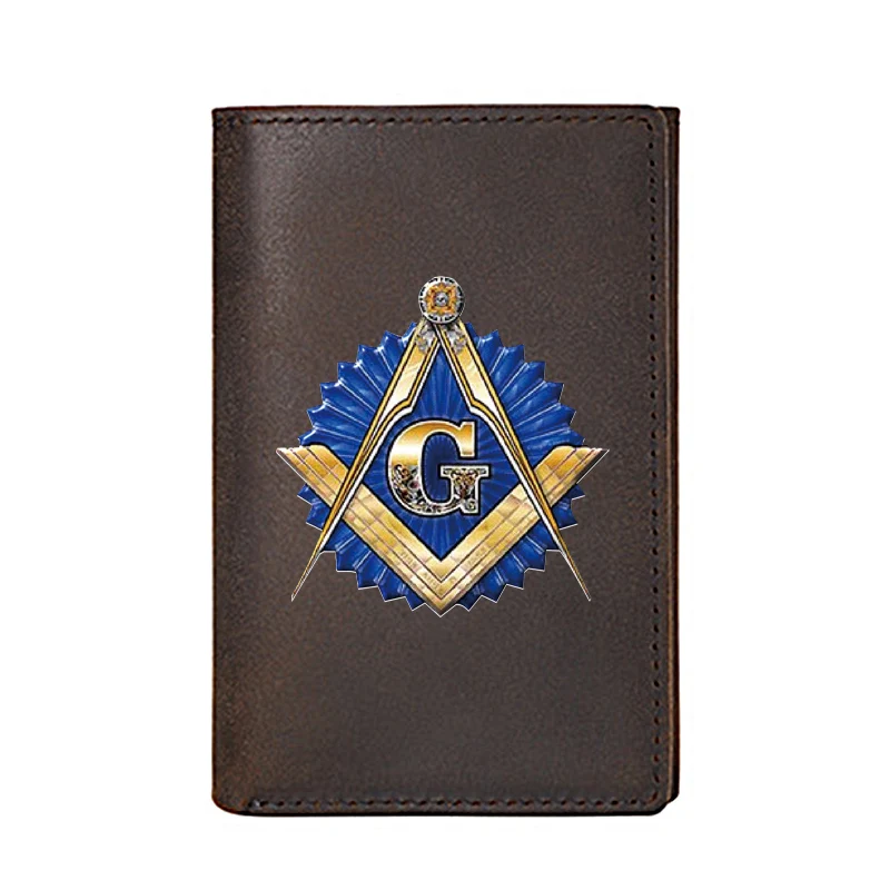 

Classic Masonic Design Men Wallet Genuine Leather Printing Credit Card Holder Women High Quality Slim Mini Short Purse BQ568