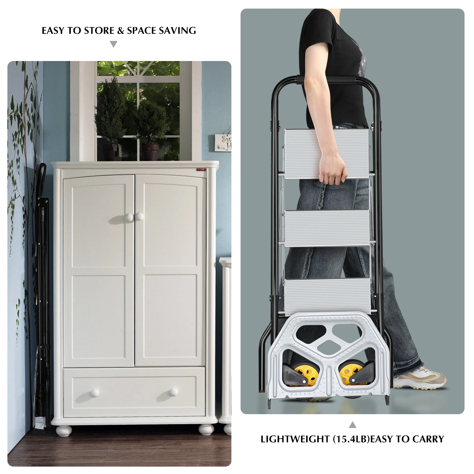 POWSTR Folding Sack Truck & 3/2 Step Ladder 2 in 1 Aluminum Sack Trolley with Foldable Wheels for Moving Luggages