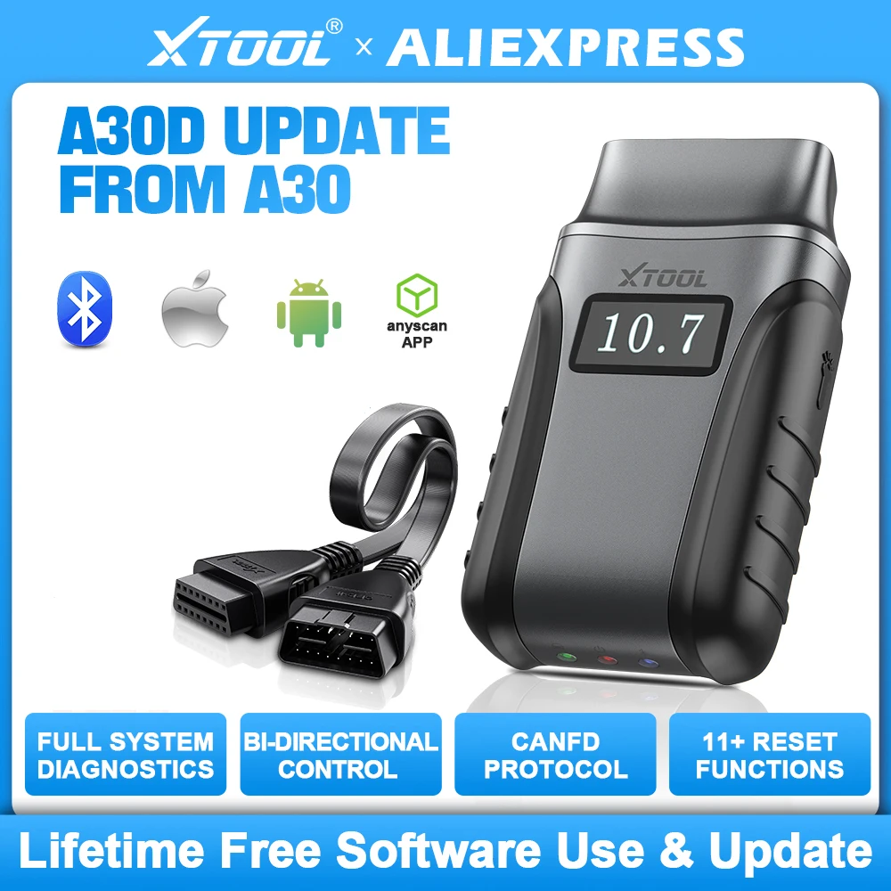 XTOOL A30D BT OBD2 스캐너, 안드로이드 IOS 양방향 스캔 도구, 전체 시스템, 모든 차량 11 리셋 서비스, A30 의 CAN FD 업그레이드 추가 