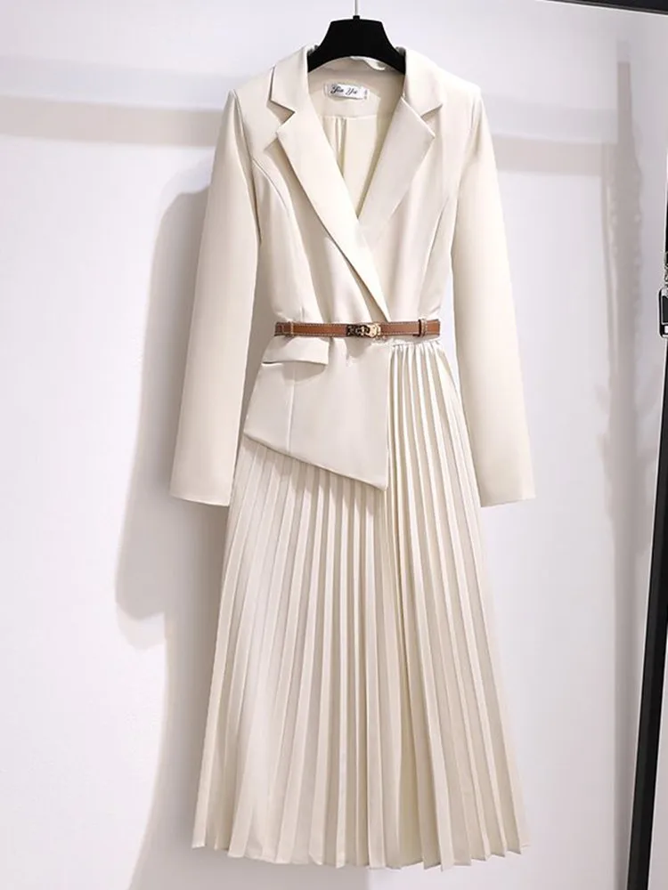 

Autumn Winter Women Notched Blazer Dress Women Elegant Office Long Sleeve Vintage Sashes Patchwork Female Pleated Midi Vestido