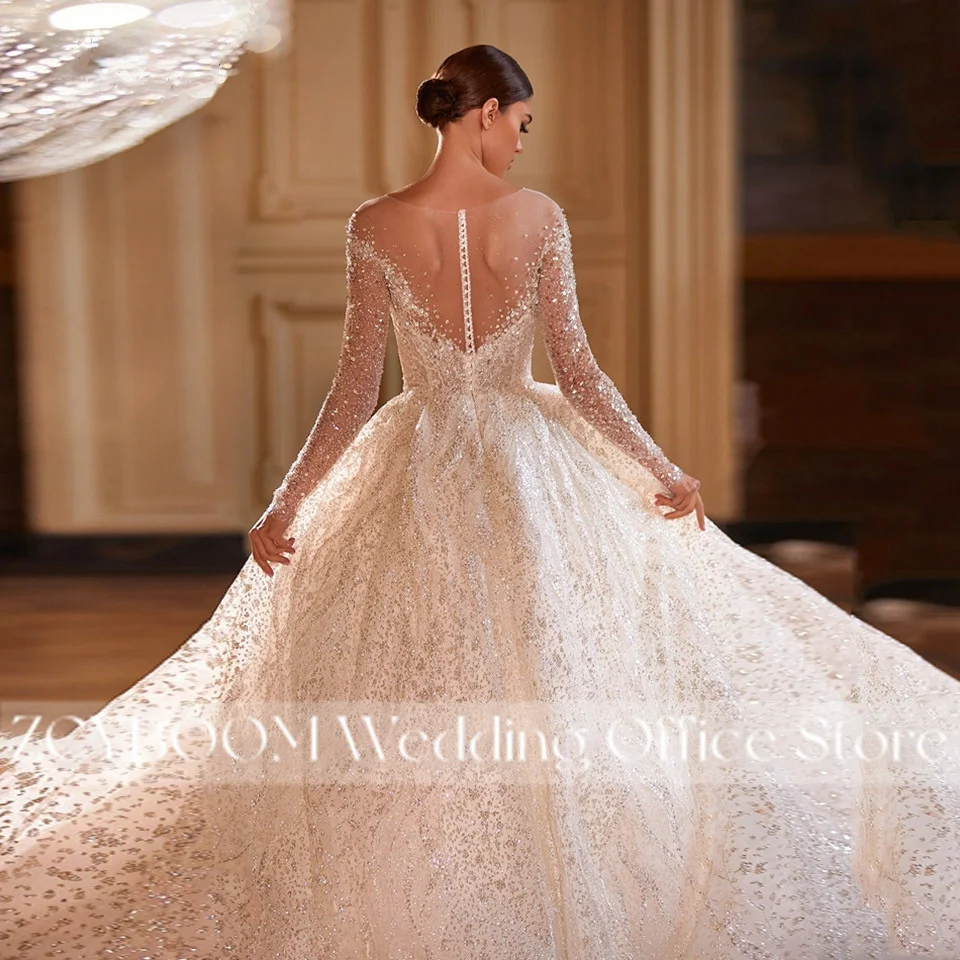 Luxuriöse Sweetheart Langarm A-Linie Brautkleider 2026 Funkelnde Spitze Kristalle Perlen Pailletten Brautkleider Vestidos De Novia – Detail 6