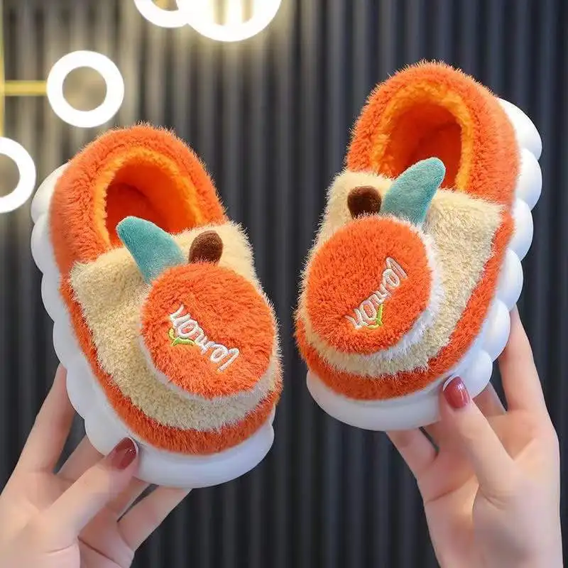 Kids Winter Home Slippers Adults And Children Cotton Slippers Thick Furry Boys Indoor Slides Girls Soft Sole Bedroom Shoes