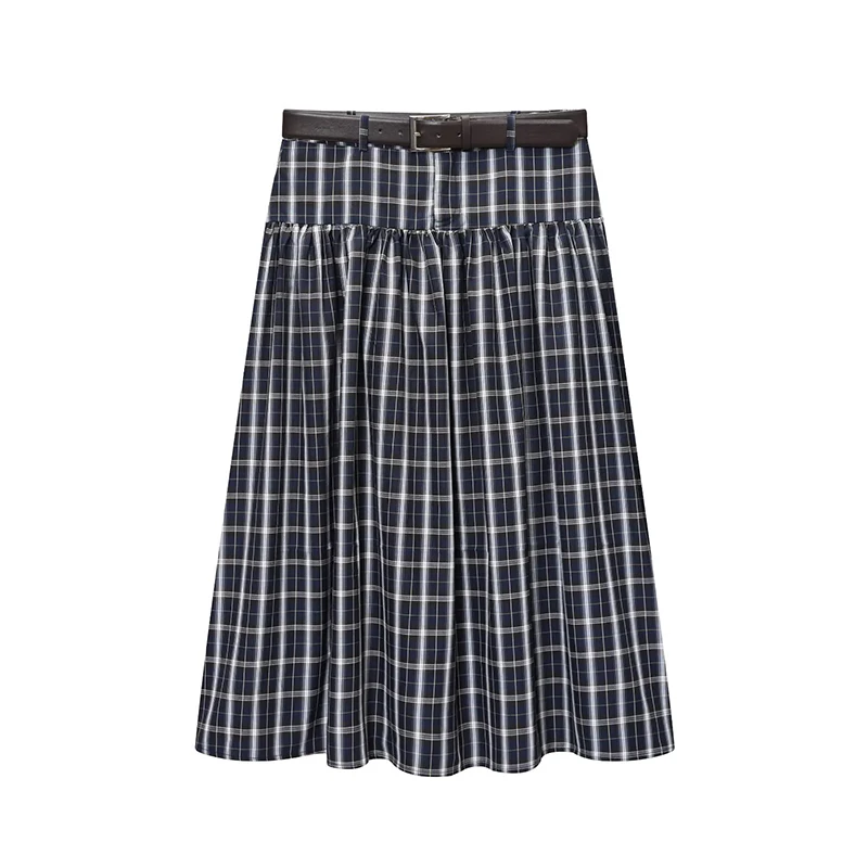 With Belt Long Skirts For Women Fashion 2025 New Vintage Plaid Midi Skirt High Street Casual Pleated Chic Midi Skirts Mujer ﻿