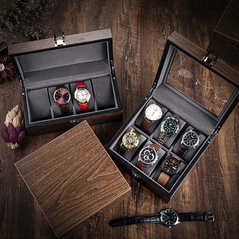 Walnut Wooden Watch Storage Case Transparent Skylight Watch Boxes Organizer Bracelet Wrist Watches Collection Display Glass Box