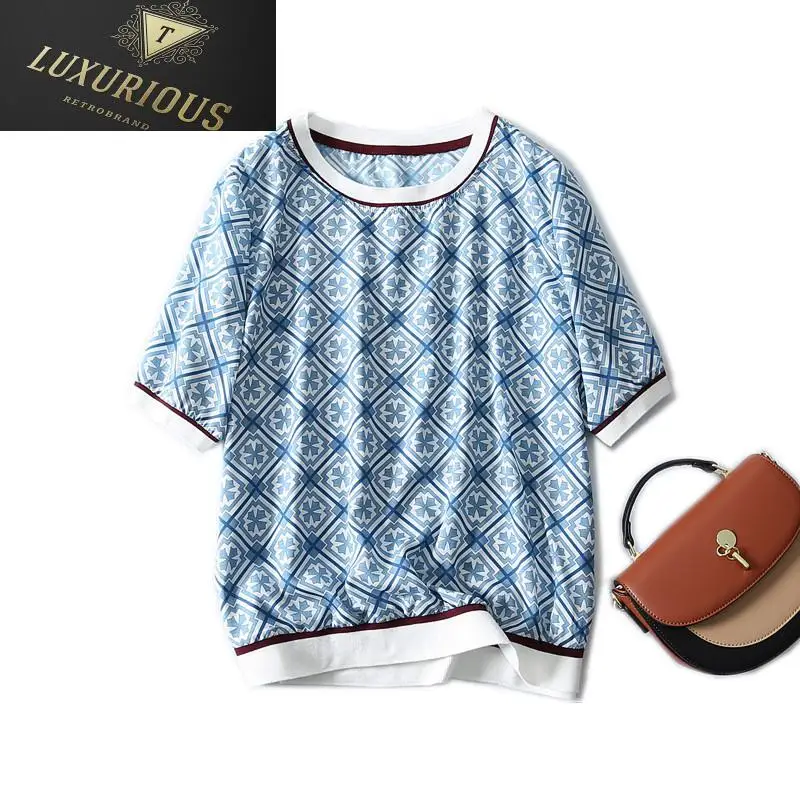 

Elegant Light Blue Geometric Pattern Loose Chiffon T Shirt Oversized O Neck Short Sleeve Women T-shirts Summer 2024