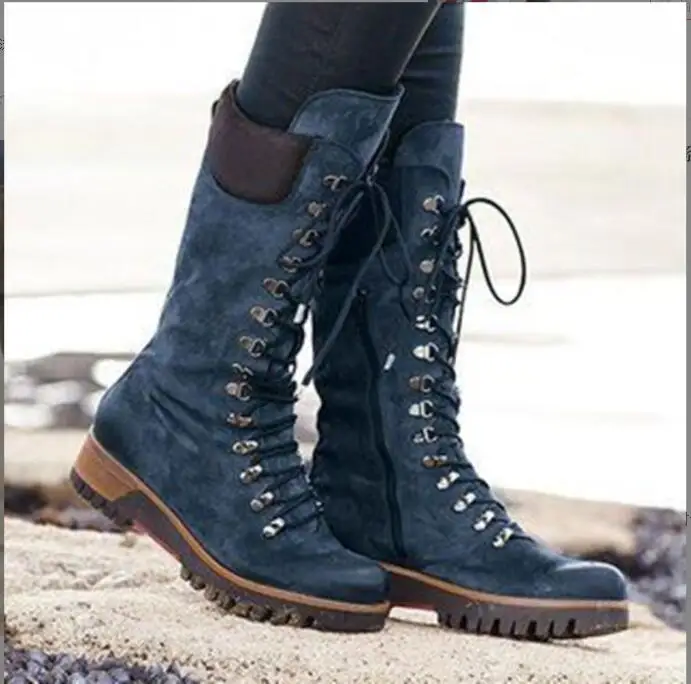 Winter Fashion Women's Mid-Calf Boots Round Toe High suede boots Lace-Up Side Ladies Boots Comfortable Non-Slip Motorcycle Boots