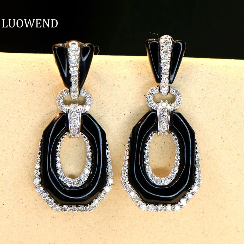 LUOWEND 18K White Gold Earrings Diamond and Black Onyx Earring Shiny Classic Shape Stud Earrings for Women High Engagement Party