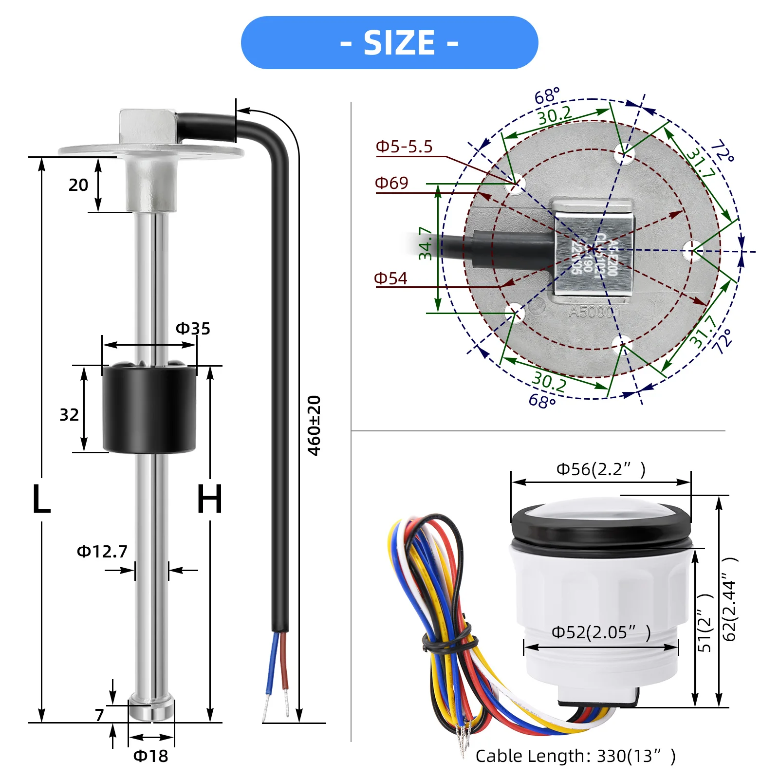 2 ''52Mm Brandstof Meter Auto Marine Boot Auto Brandstoftank Niveau Gauge 0-190Ω Brandstof Vlotter Sensor + Brandstof niveau Gauge 7 Kleur Licht 12V24V