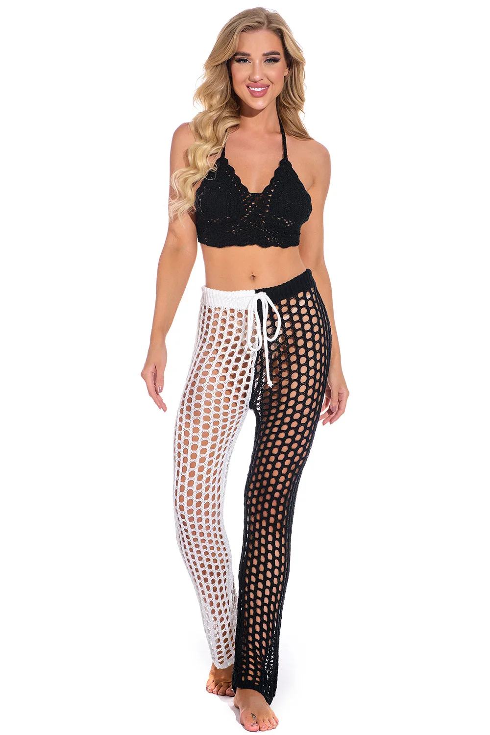 Hollow Out Color Matching Hand Crocheted Casual Pants DIY Woven Sexy Vacation Beach Sun Protection Pants