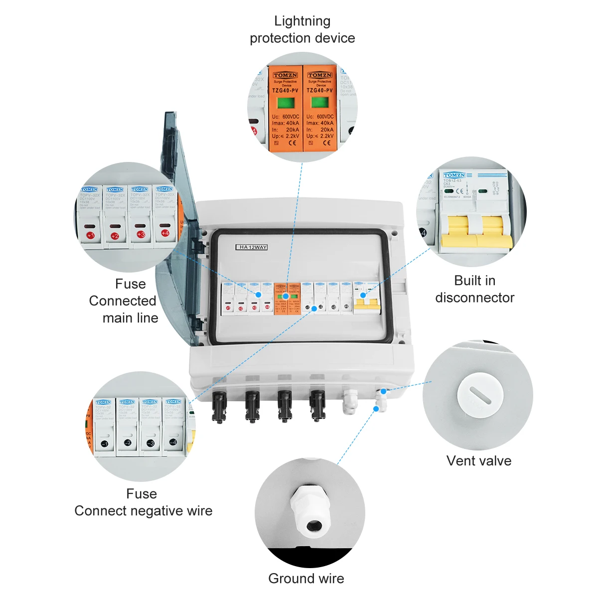 Solar PV Combiner Box Solar photovoltaic PV Combiner Box With Lightning Protection 4 input 1 out DC 600V Fuse MCB SPD Waterproof Box IP65 12ways solar pv combiner box