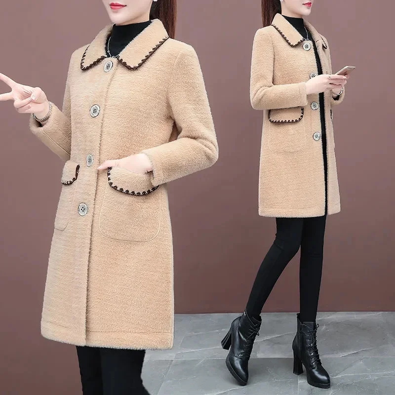 Short Imitation mink Velvet Spring Coat Women's 2022 New Autumn Winter Windbreaker Female Wool Jacket Long Pink Parkas Vintage