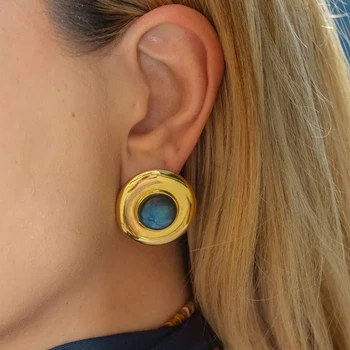 Vintage Glossy Gold Plated Natural Stone Earrings for Women Blue Color Statement Round Stud Earring Wedding Jewelry France Style