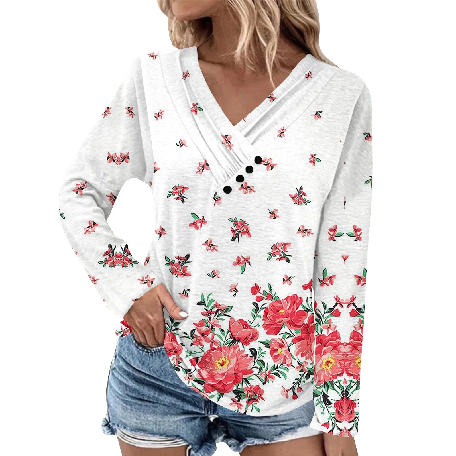 

Long Sleeve Blouses For Women Casual V Neck Button Down Shirt Vintage Floral Print Blouse Tops Loose Fit Fall Shirt Top футболка