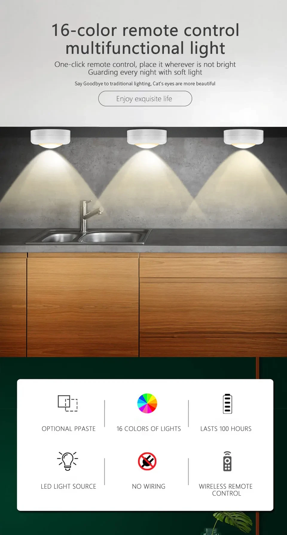 Description Picture 4 of itemLED Under Cabinet Light with Remote Control Wireless RGB Color Changeable Night Lamp for Kitchen Bedroom Wardrobe Closet Counter