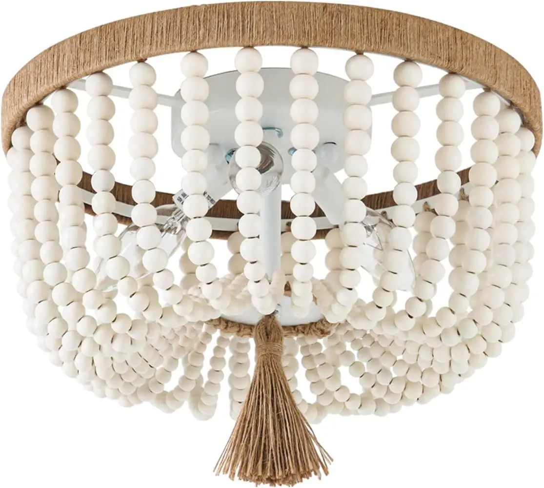 

Wood Beaded Flush Mount Ceiling Light Antique Rustic Mini Chandelier White Finishing for Bedroom, Kitchen Island, Girl Room 3-Li