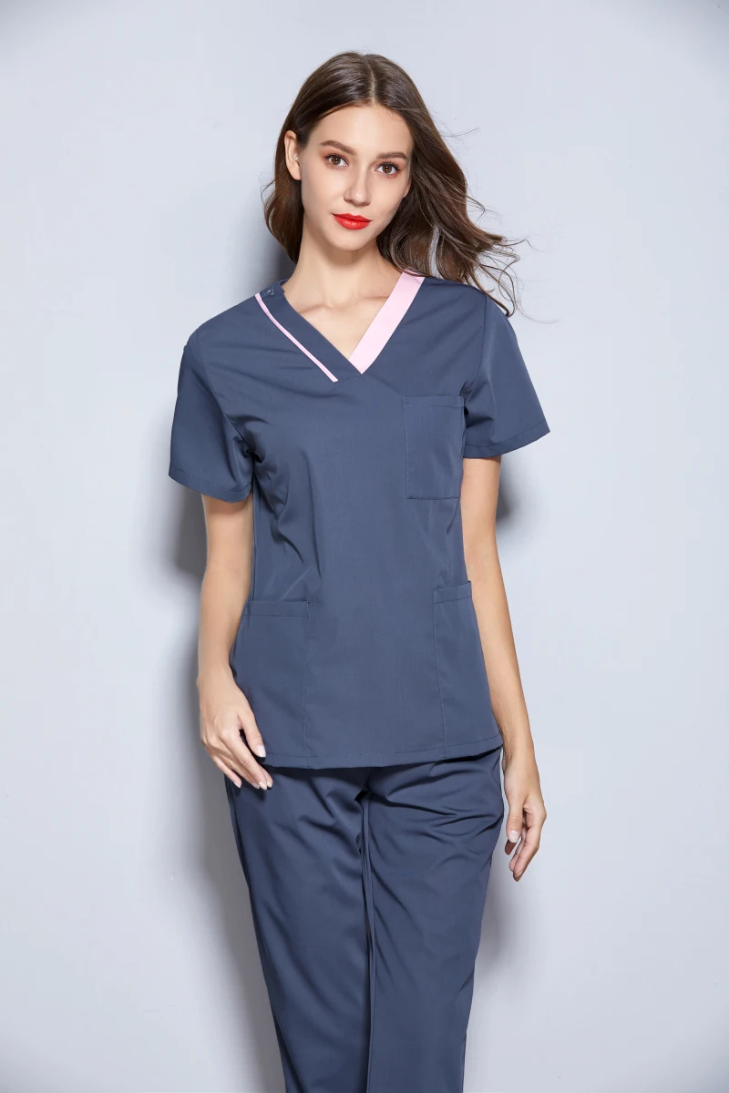 

Women's Summer Multi Colorful Fancy V Neck Short Sleeve Dental Clinic Medical Uniforms Top and Long Pant Set Workingwear