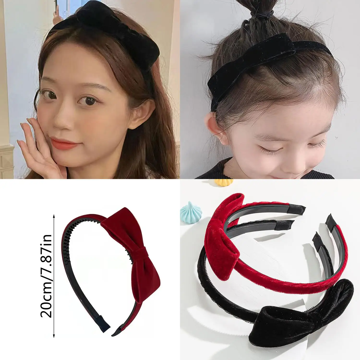 Frauen Weiche Samt Bowknot Haarbänder Rot Schwarz Elegante Party Stirnbänder Koreanische Kopfbedeckungen Vintage Kopf Hoop Foto Requisiten Zubehör – Detail 5