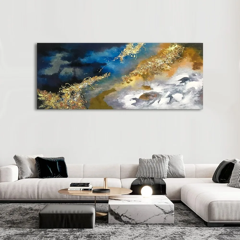 

Blue Contemporary Abstract Hand-Painted Oil Painting Gold Canvas Painting Living Room Corridor and Restaurant Wall Decoration