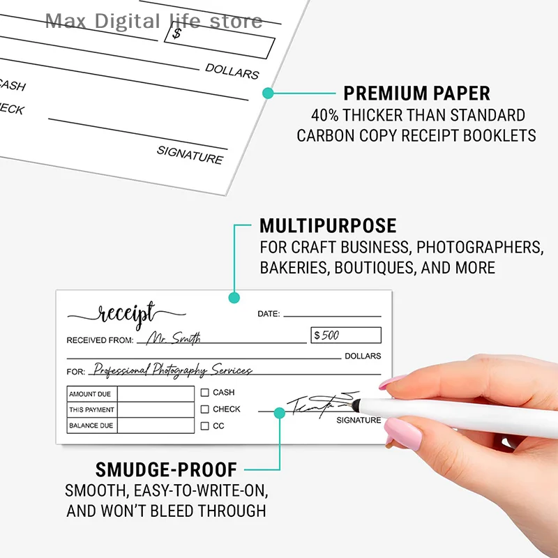 Receipt Book with Carbonless Paper - Thank You Sales Order Invoice for Small Businesses (50 White/Yellow Sets)