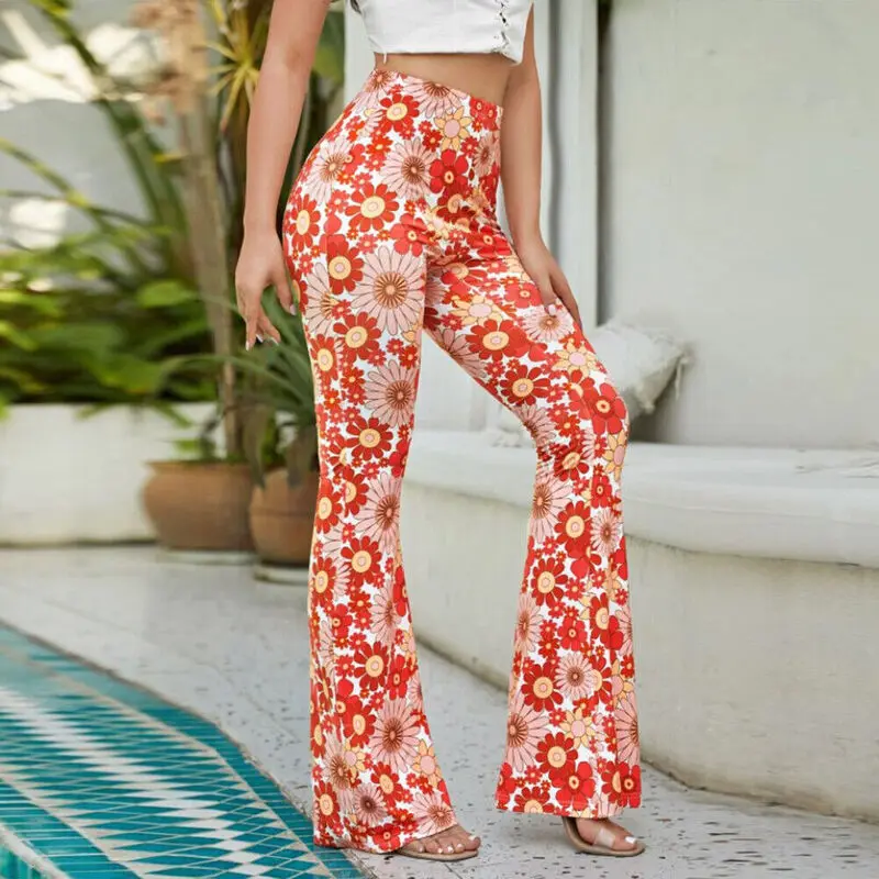 Women's Floral Sexy Bell Bottoms Trousers Summer Personality Street Fashion High Waist Wide-leg Pants Casual Slim Fit Trousers