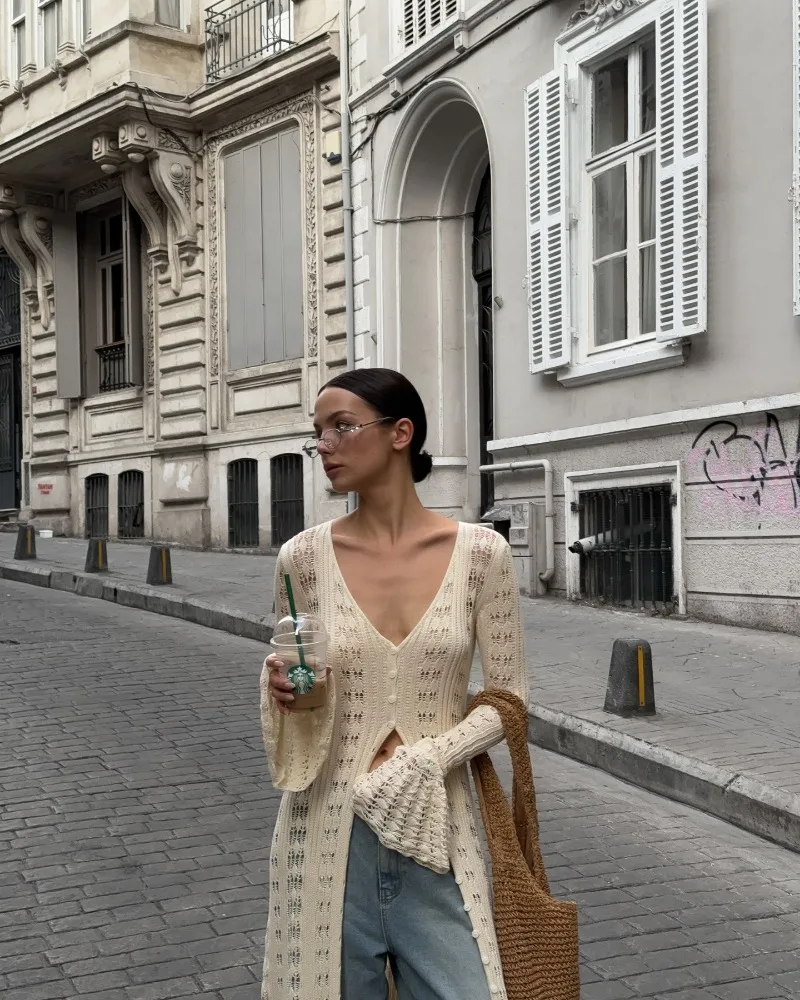 Deep V Neck Long Cardigan Dress - Elegant Hollow Knit Cover Up for Women