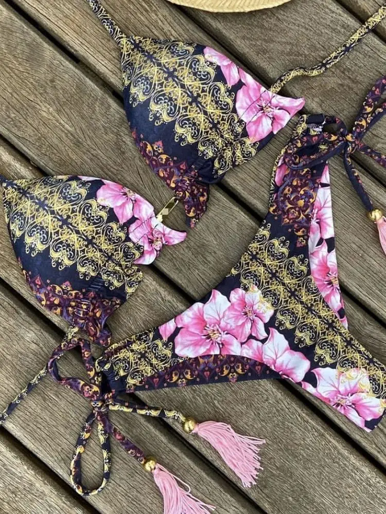 2022 Sexy Print Bikini Women Swimwear Halter Push Up Swimsuit Bandage Bikini Set Brazilian Bathing Suit Beach Wear Swimming Suit
